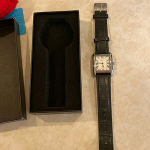 Woman’s  Rebirth Classic Tank Silver Tone Black Leather Band Analog Watch NIB